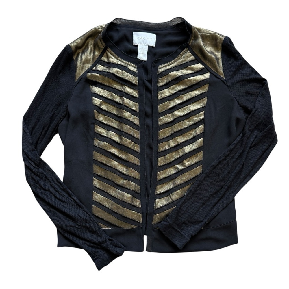 CACHÈ Women's Black & Gold Open Front Blazer Jacket Size S Casual Holiday Party